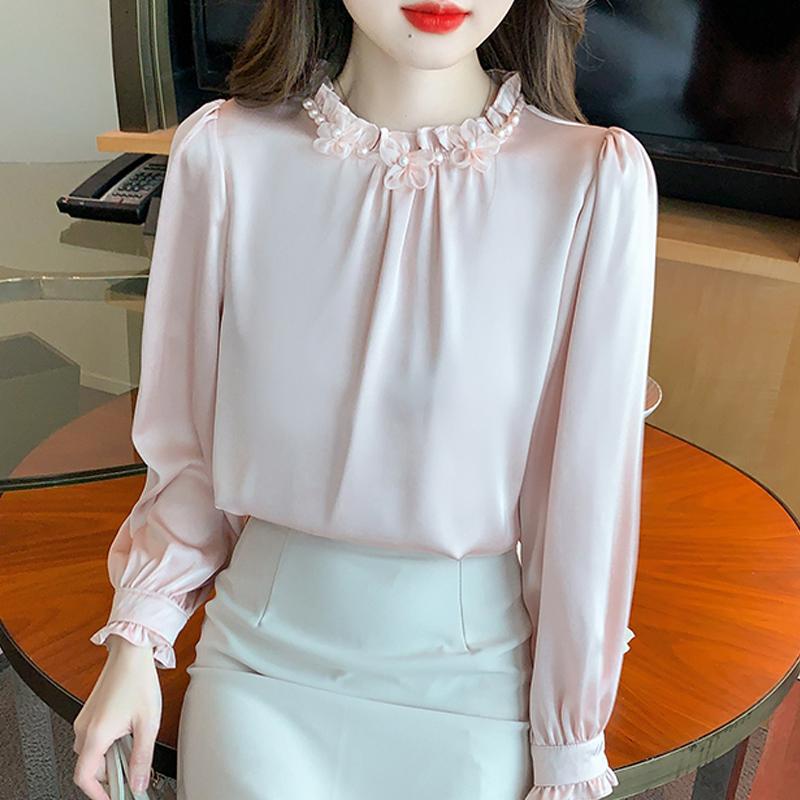 2025, nouă primăvară, elegante, bluze pentru femei, cămăși cu mâneci lungi, cu mărgele, cu gâtul O, bluză din șifon, cămașă pentru femei, topuri J773