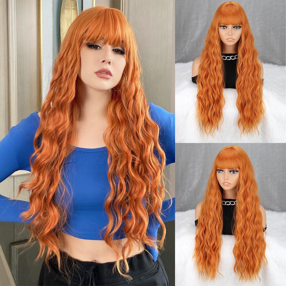 MISS WIG Natural Black Long Wave Wig with Bangs Synthetic High Temperature Fiber Wig Suitable for Daily Wear Party Wigs