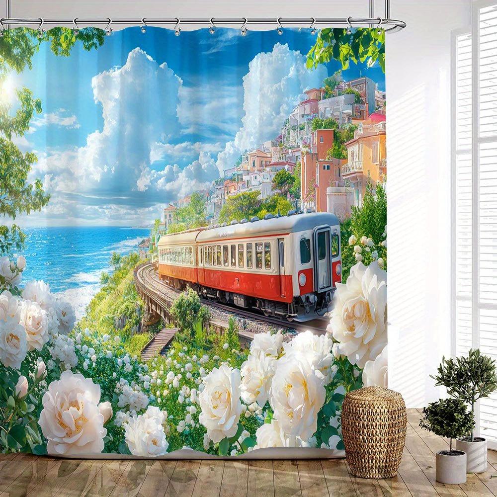 1Pc Coastal Train Shower Curtain - Red & White Locomotive, Pastel Seaside Village, Blooming Roses & Turquoise Ocean Travel Art