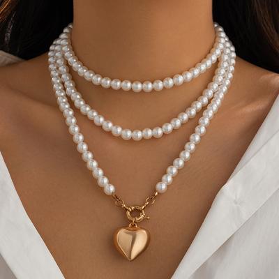 Ins Metal Love Pendant Imitation Pearl Necklace Fashion Winding Multi-layer Beaded Clavicle Chain Necklace