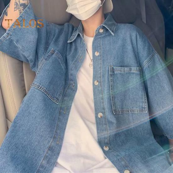 Men Denim Button-down Shirt Short Sleeve Lapel Shirt with Chest Pockets Loose Fit Casual Shirt for Summer Daily Wear Vacation Street
