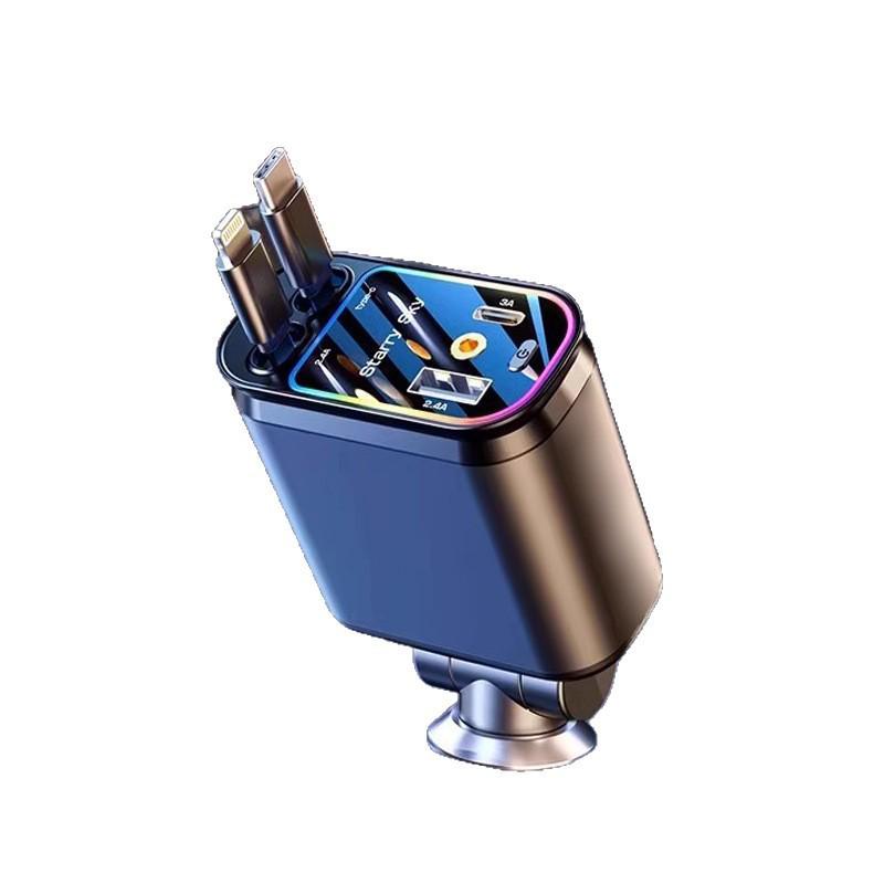 Retractable 4-in-1 Car Charger with RGB Ambient Light and Starry Sky Ceiling.