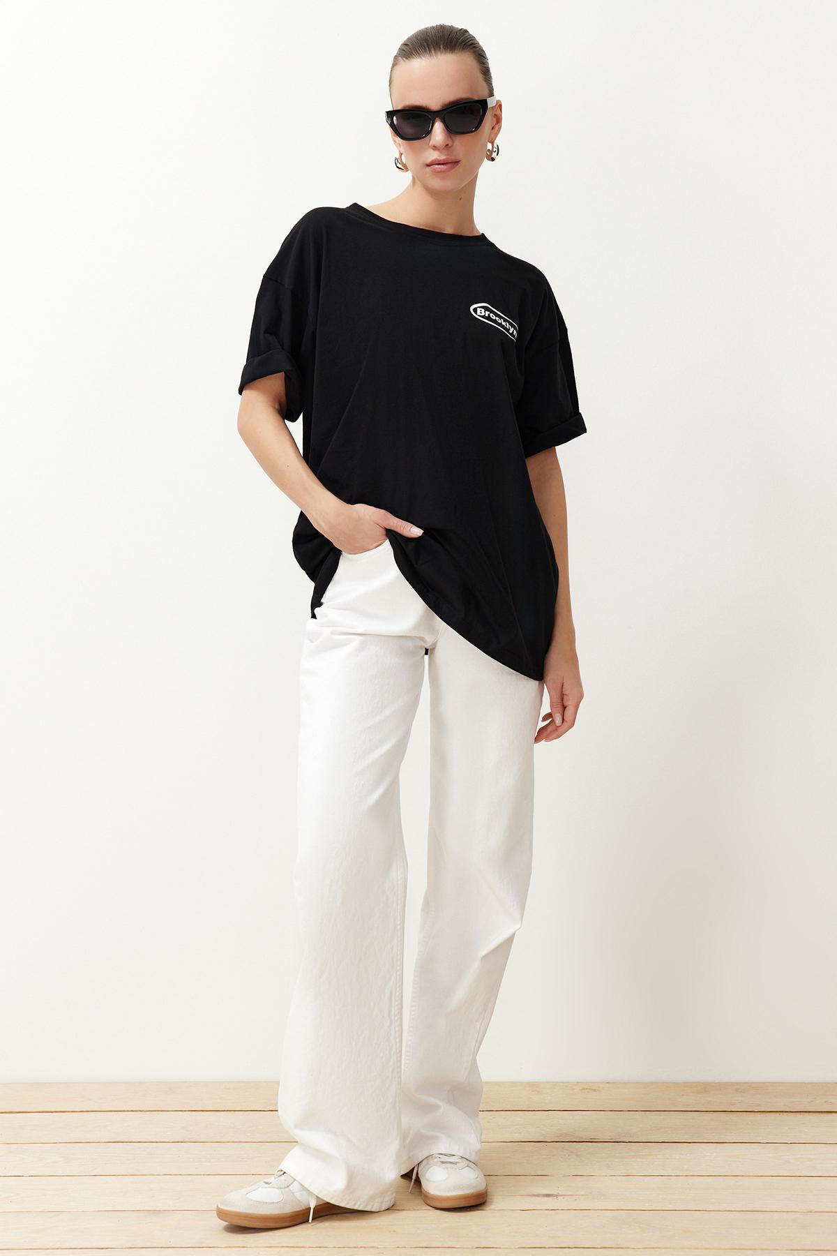 

Женская модная новая футболка, черная трикотажная футболка большого размера из 100% хлопка с широким вырезом спереди и сзади Brooklyn City