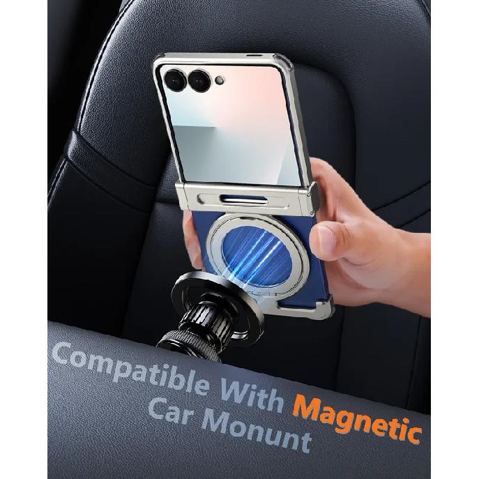 Oatsbasf Metal Phone Case for Samsung Galaxy Z Flip 7 with Stand 360°Rotation Magnetic Bumper Thin Shockproof Protective Cover