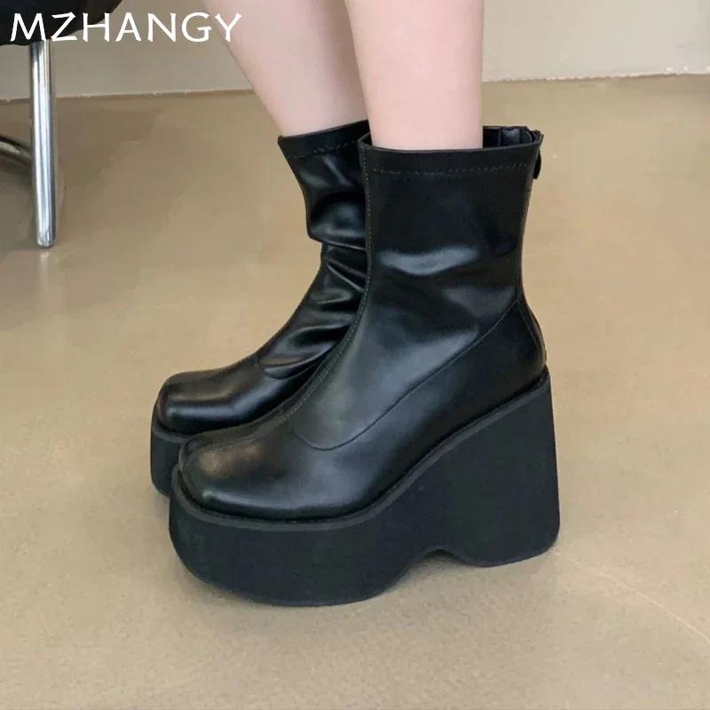 Platform Women Ankle Boots High Heels Leather Shoes Woman 2025 Trend Fashion Elegant Chelsea Boots Winter Goth New Mujer Botas
