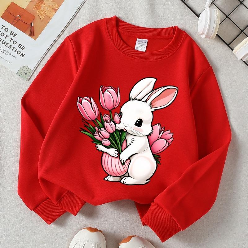 Kids Crewneck Sweatshirt, Cute White Rabbit Holding Pink Tulips Bouquet Print, Soft Casual Pullover for Fall Winter