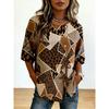 Women's Spring Summer 3D Printed Button Front Drawstring Retro Blouse, Brown Leopard Snake Heart Geometric Patchwork Top
