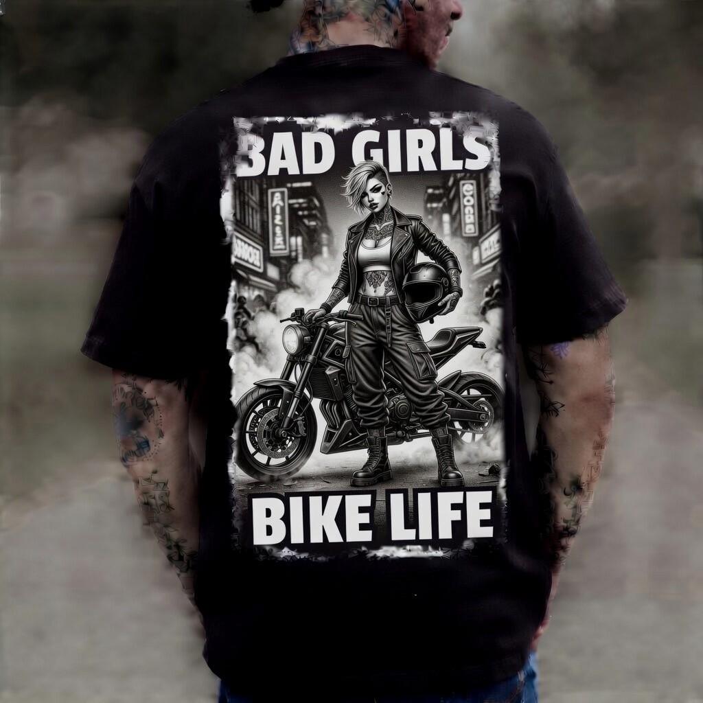 Bad Girls Bike Life Black Graphic Street Tattoo Edgy Tee Unisex T-Shirt XL