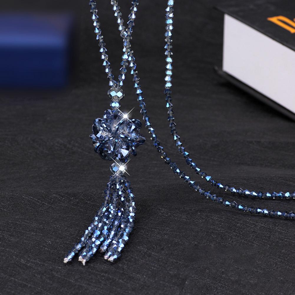 1116 Faux Crystal Necklace Knotted Beaded Long Tassel Shiny All Match Women Long Pendant Sweater Necklace Pendant Necklaces