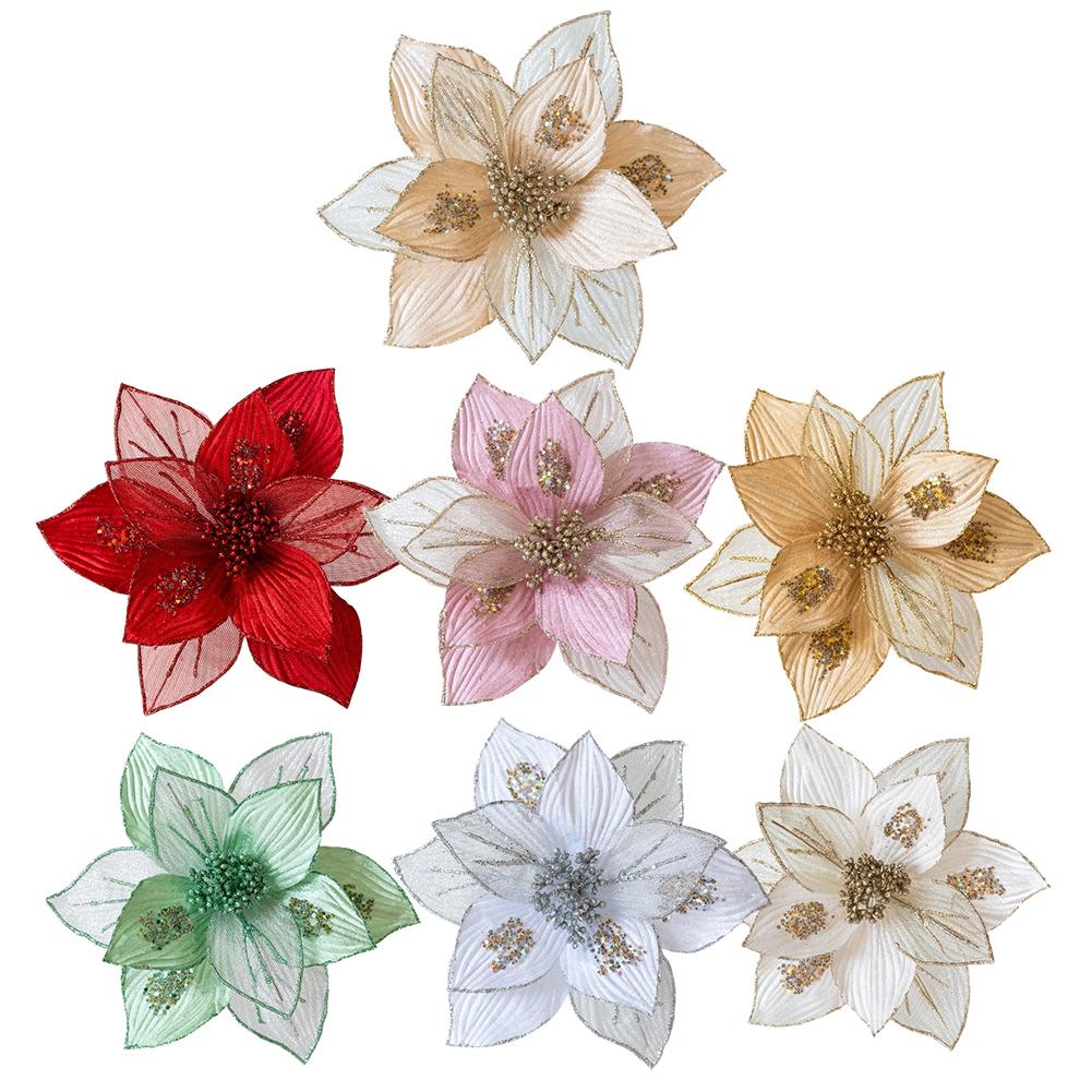 Artificial Magnolia Flowers Christmas Ornaments Glitter Decorations
