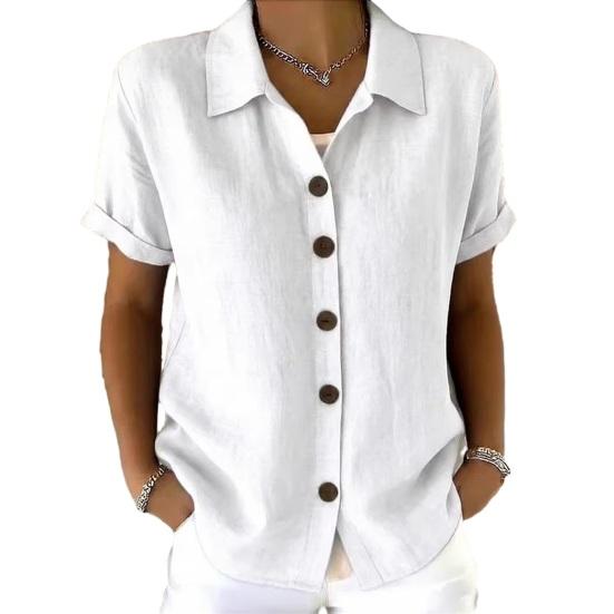 Women Tops Lapel Short Sleeve Buttons Placket Shirt Tops Pure Color Loose Fit Casual S белый