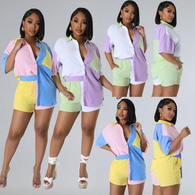 Patchwork Women's Set Pocket Front Short Sleeve Shirt And Shorts Suit Summer Two 2 Piece Set Outfit Tracksuit