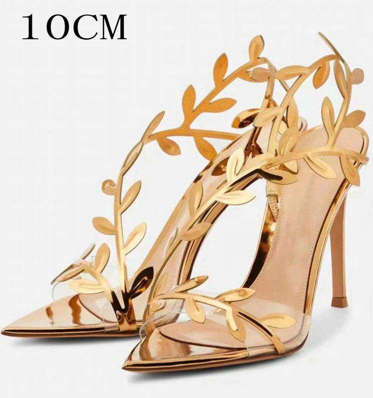 

Fashion 2025 Golden Branch And Jade Leaf High Heels, Women S Thin Heels, Elegant And High-End, Summer Pointed-Toe Golden Sandals 40