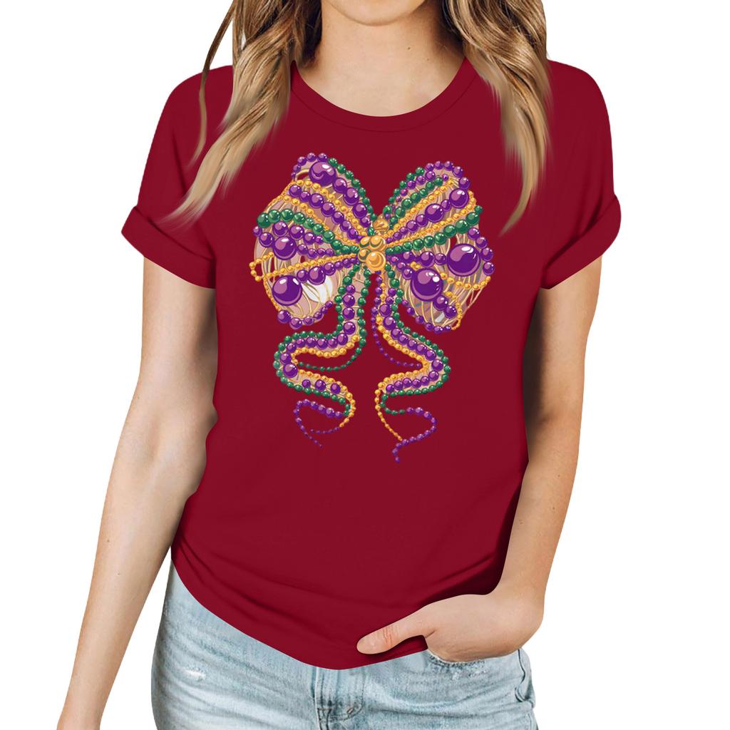 Women's Casual Carnival Print T-Shirt Round Neck Pullover Short Sleeve Top