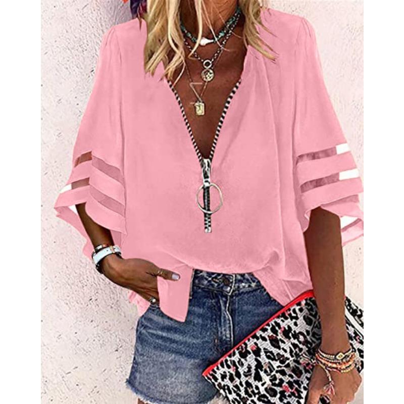 Women's Zipper Front V Neck Chiffon Blouse Casual Flare Sleeve Mesh Panel Loose Top