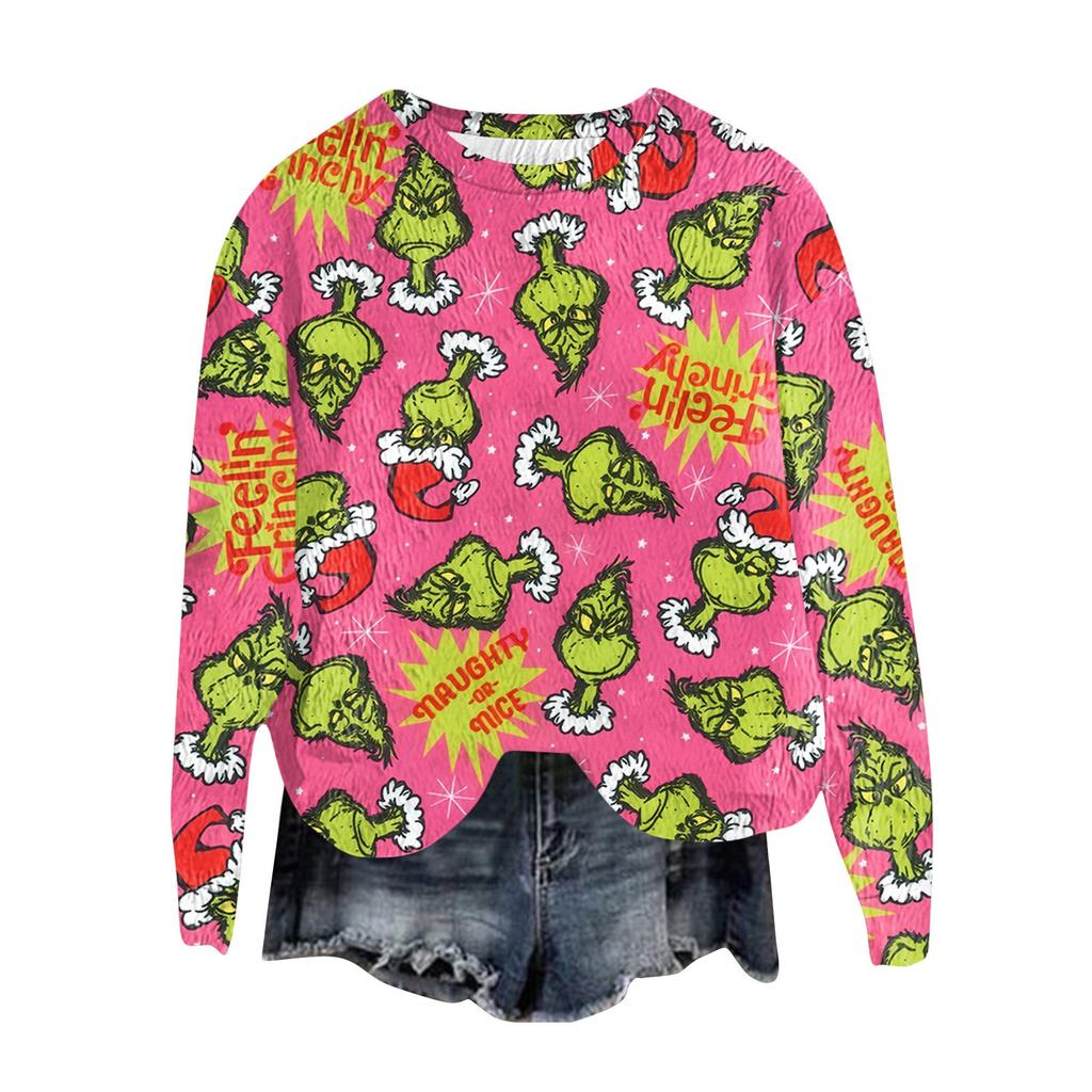 Women's Fashion Round Neck Pullover Top Long Sleeve Tee Christmas Printed Sweatshirt