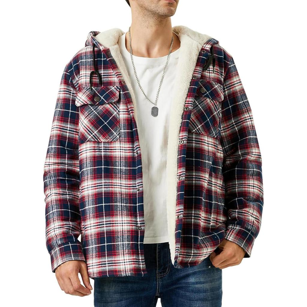 Men's Quilted Lined Button Down Plaid Shirt Add Velvet To Keep Warm Jacket With Hood