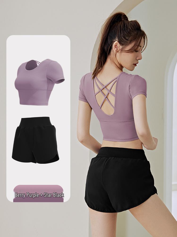 Damen Schnelltrocknendes Yoga-Set: Gepolstertes Kurzarm-Top & Enge Shorts für den Sommer
