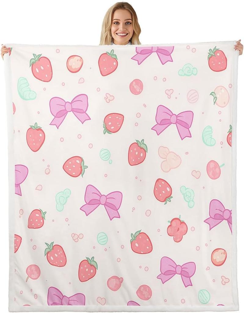 Blue Bow Pattern Blanket Soft Fleece Throw Elegant Home Decor Gift for Women Girls Bedroom Bedding Cover