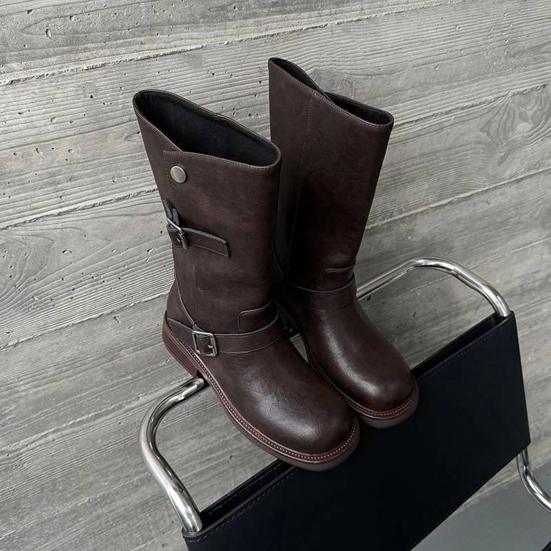 Autumn and winter leather women's boots solid color sleeve middle heel round head large tube circumference versatile large size leather boots medium 
