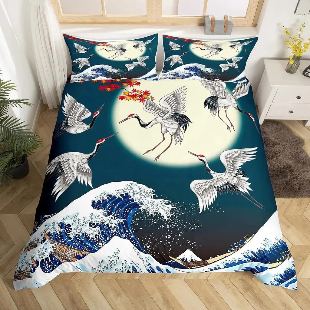 Japanese Ukiyoe Duvet Cover Set Hokusai Pattern Bedding Set Watercolor Sun Mountain Comforter Cover Exotic Style Quilt Cover Set