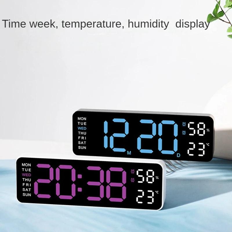Wall-Mount/Desk Digital Clock, Time/Week/Temp/Humidity, Multi-Color LED, Brightness Adjustable LED Table Alarm Clock 12/24H