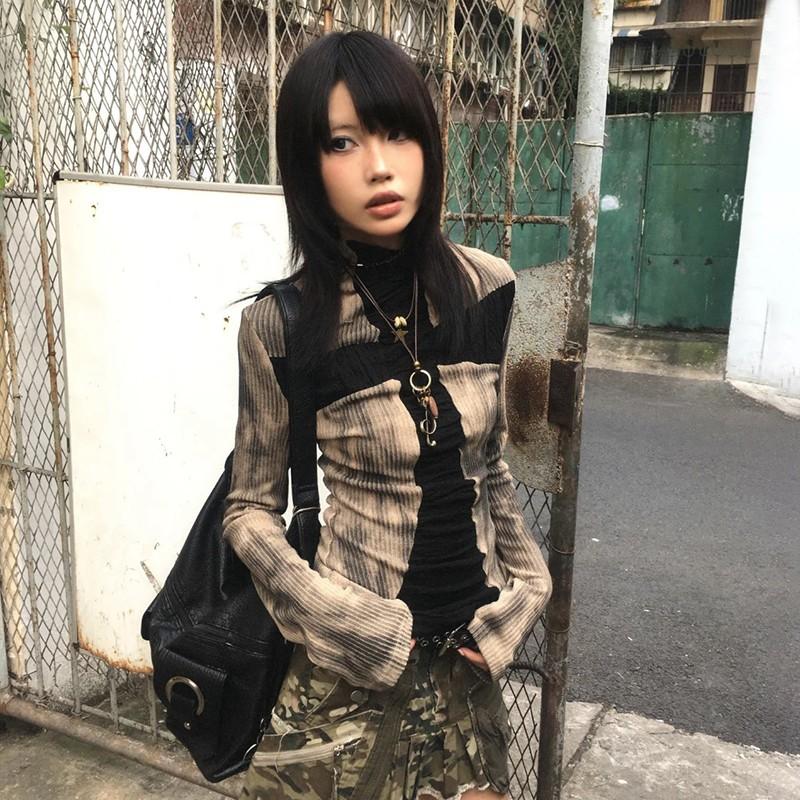 Japanese Y2k Ribbed Tops Vintage Harajuku Cross Print T-shirt Grunge Aesthetics Long Sleeve Patchwork Tops Trashy 2000s