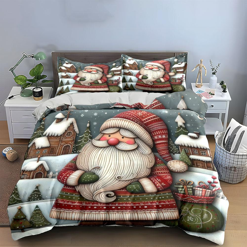 Christmas Santa in Snowy Village Bedding Duvet Cover Set  (1*Duvet Cover 2*Pillowcases, without duvet insert)