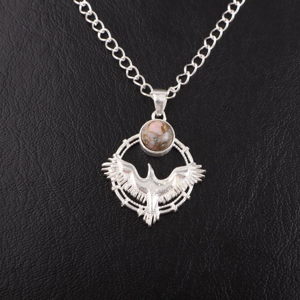 Rare Pink Opal Turquoise Gemstone 925 Sterling Silver Jewelry Bird Pendant1.43" CP-38-39