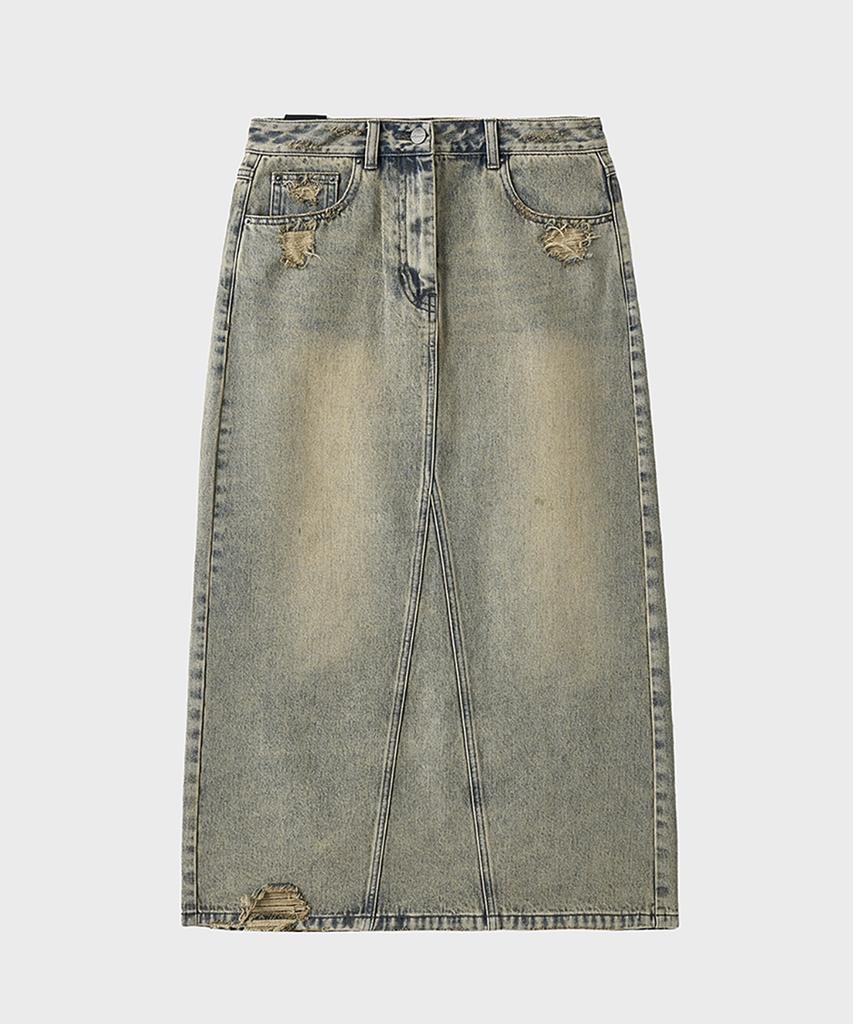 Noir For Woman Dirty Washed Distressed Long Denim Skirt (Dusty Gray)