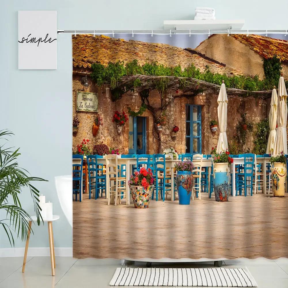 Greece Street View Shower Curtain Country Retro Town Spring Green Plants Flowers Vines Scenery Bathroom Decor With Hook Screen