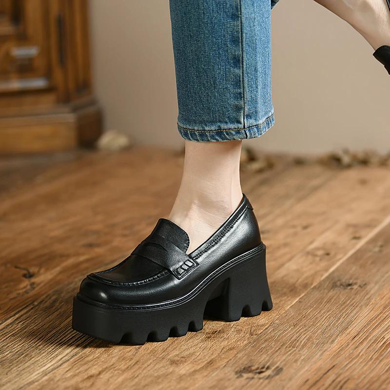 Fashion 2025 New Spring Genuine Leather Slip-On Platform Shoes Casual Loafers Round Toe Shoes Woman Flat Platform High Heel Women Shoes