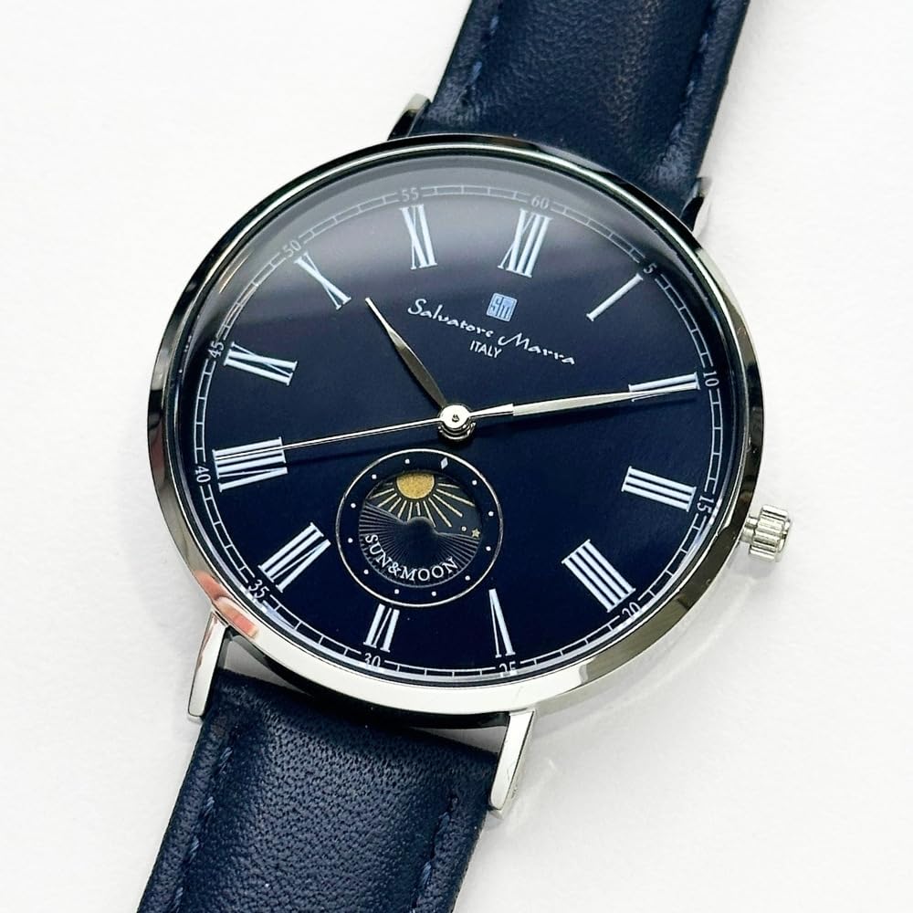 Salvatore Marra Sun and Moon Slim Quartz Leather Belt Men's Watch No.4 Navy