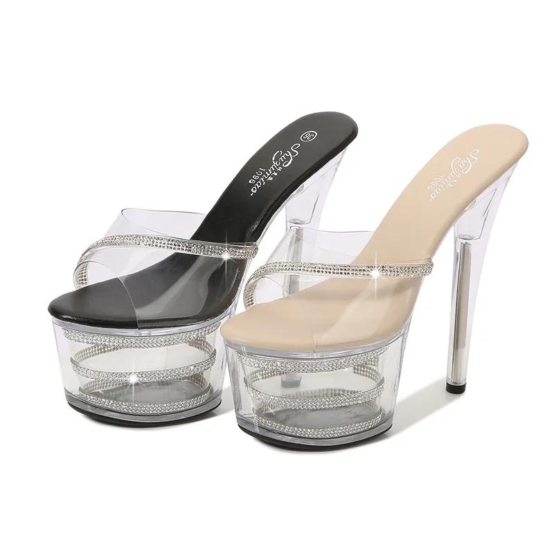 Fashion Women Platform Slippers Nightclub Sexy High Heels Stripper Rhinestone Sandals Outdoor Shoes Luxury Slides Pvc Transparent Heels