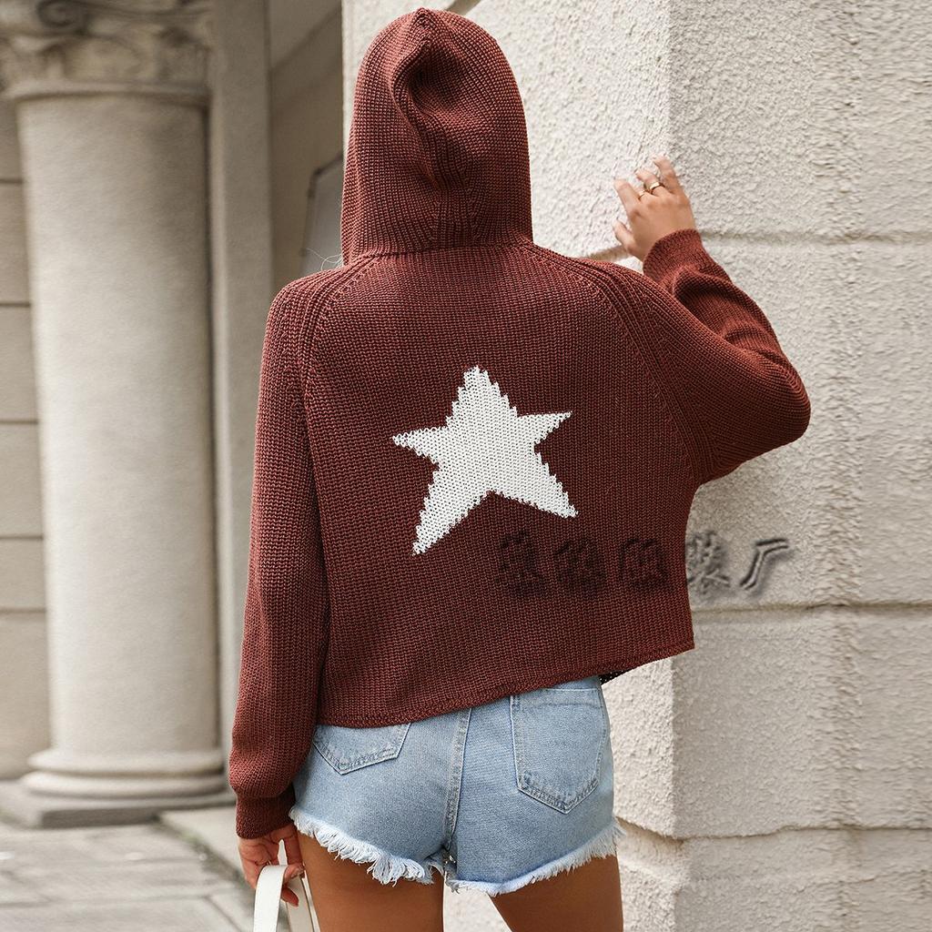 2024 Autumn/Winter Hoodie Knitted Sweater With Pocket, Long Sleeve, Pentagram Commuter Knitted Sweater For Women