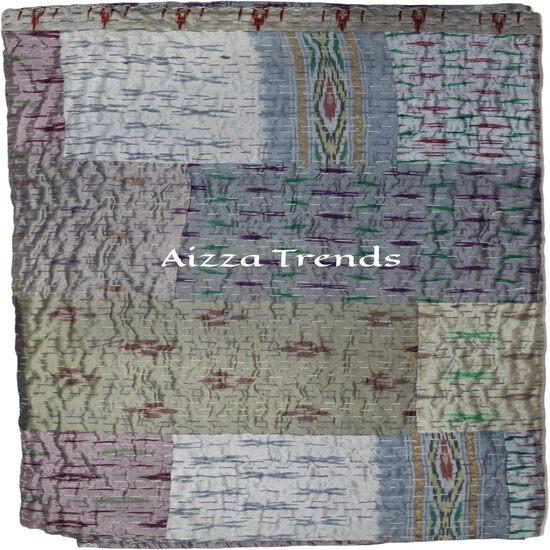 Aizza Trends Cuvertură Kantha din bumbac pur lucrată manual - Pătură decorativă tradițională indiană-Cuvertură vintage din sari de mătase de bumbac