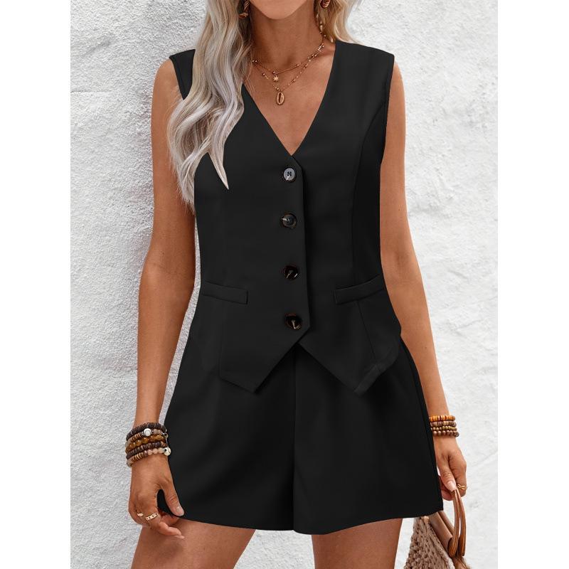 Elegant Women's V-neck Button Decor Vest & Shorts Two-Piece Set - 2025