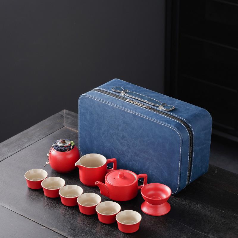High-End Portable Ceramic Tea Set with Teapot, Teacups, and Tray for Household or Outdoor Use