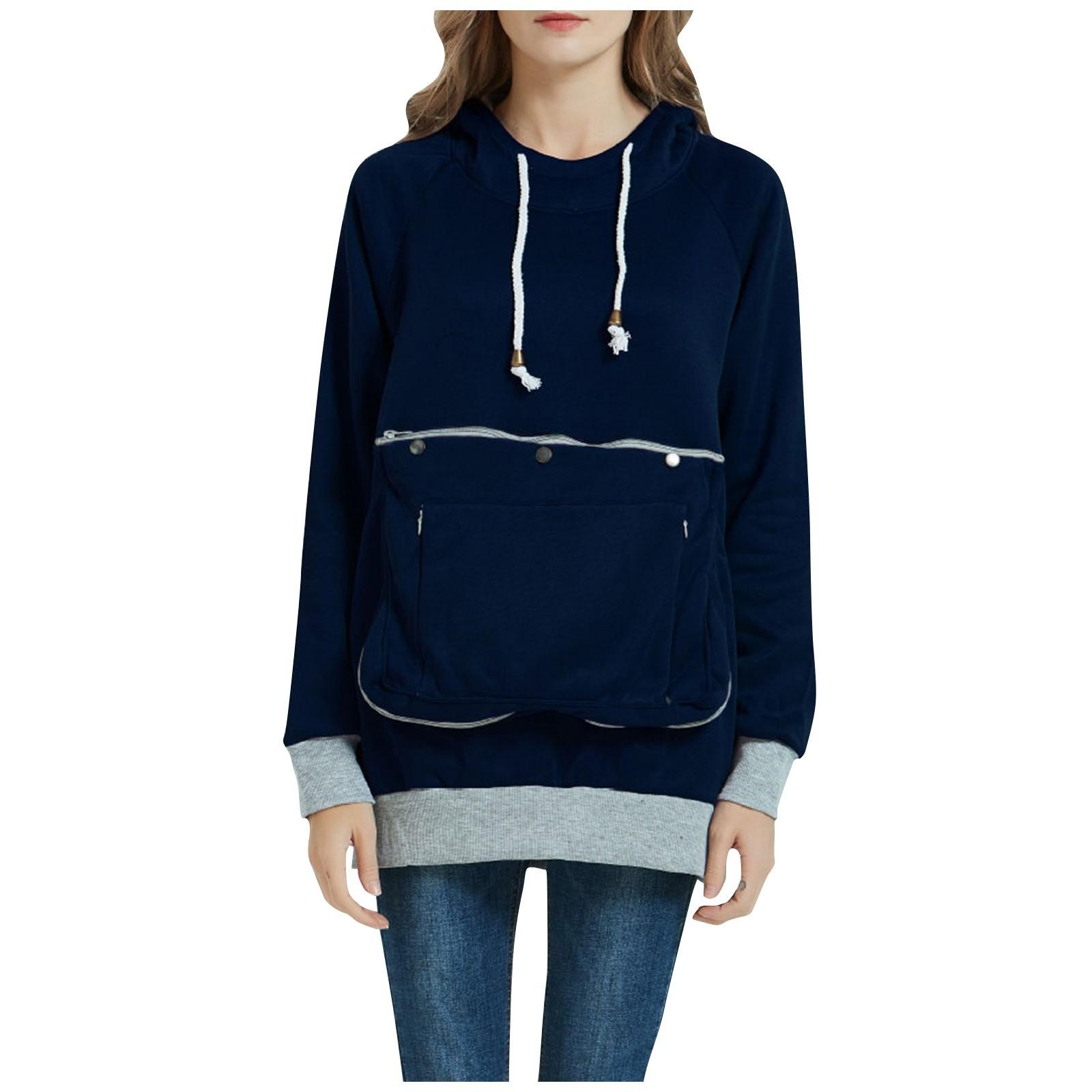 

Женская модная однотонная толстовка с круглым вырезом и большим карманом с капюшоном M тёмно-синий