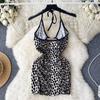 American Fashion Halter Leopard Camis Dress Women Vintage Hollow Out Backless Slim Dresses Female Club Sexy Sensual Strappy Mini Dress 2024