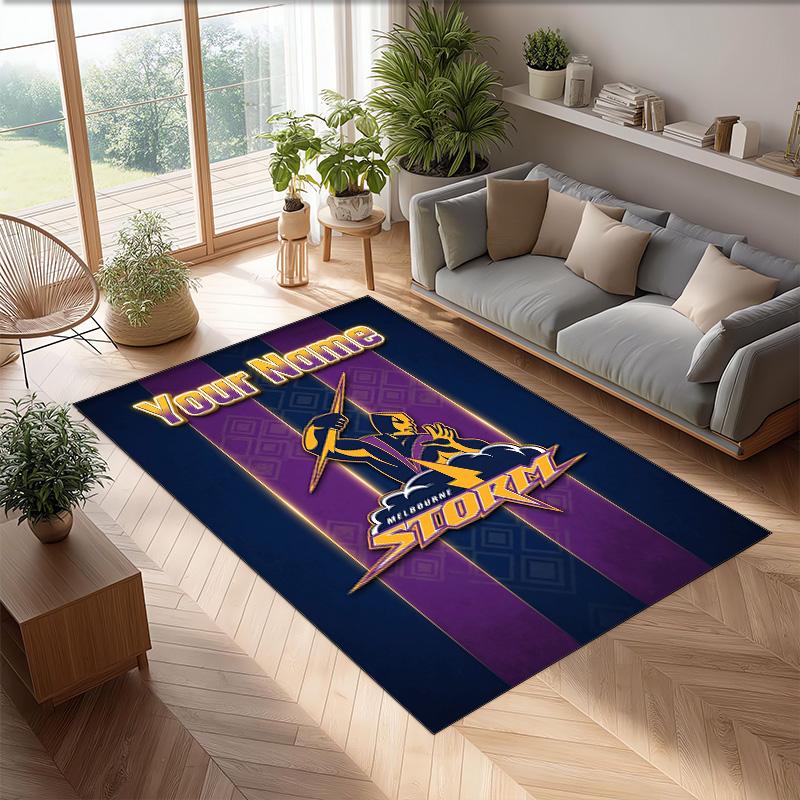 Melbourne Storm Crystal Velvet Rug, Custom Name Text Personalized Non‑Slip Floor Mat for Home Decor Gift
