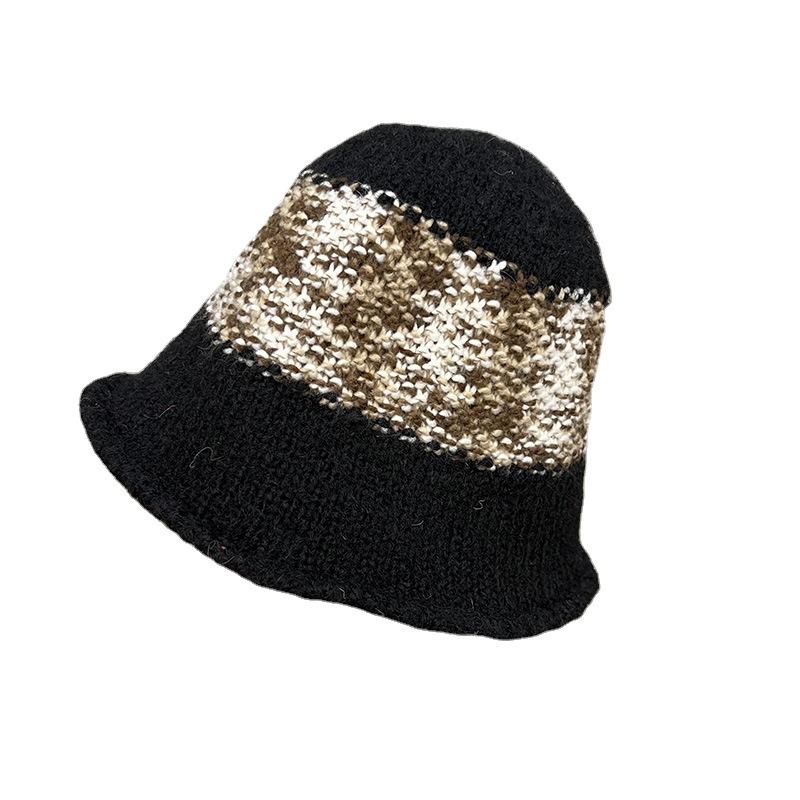 Mohair Wool Knitted Bucket Hat Women's Simple Contrasting Color Hat Waist Fashionable Retro Versatile Fisherman Hat