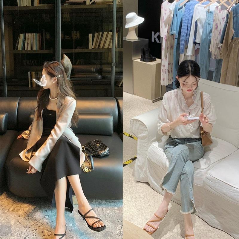 ~ New thin strap square head thin high heel cool slippers female summer