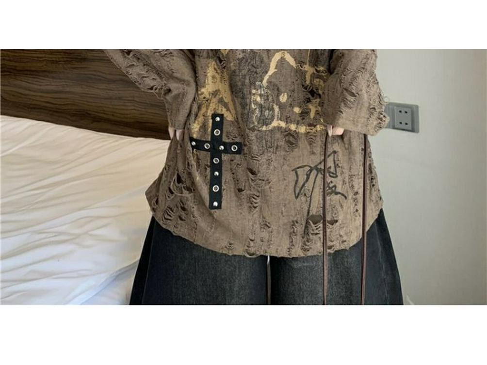 Asymetryczny, podarty T-shirt Plus Size z odkrytymi ramionami: Wyszczuplający top z długim rękawem na wiosnę/jesień