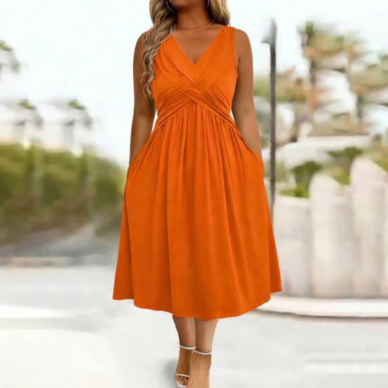 Robe d'été sans manches pour femme, robe midi plissée à col en V, respirante, décontractée, avec ourlet évasé au-dessus de la cheville, robe trapèze avec poches