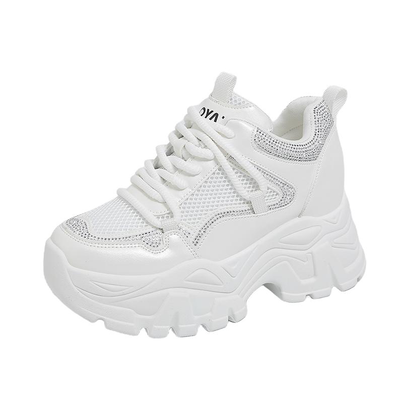 Fashion New Women Leather Platform Sneakers Spring Trainers White Shoes 9CM High Heels Wedge Outdoor Sport Shoes Breathable Casual Shoes