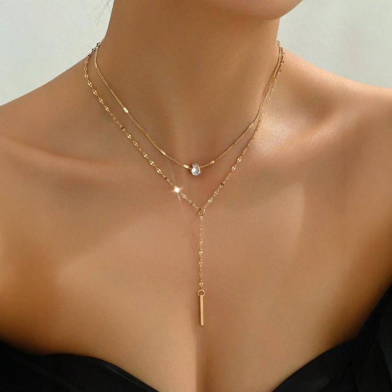 Fashion Retro Exquisite Y-shaped Tassel Glittering Zircon Pendant Multi-layer Necklace Charm Zircon Niche Simple Party Zircon