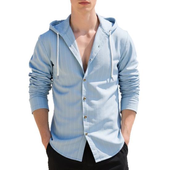 Men Stripe Hooded Shirt Linen Long Sleeve Button Down Shirt