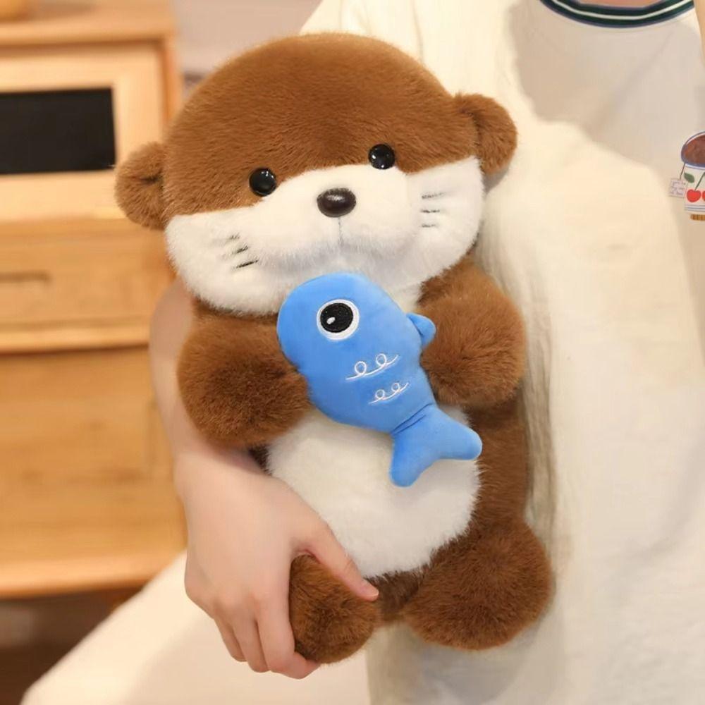 Fluffy Otter Plush Toys Collection Stuffed Otter Doll Pillow Holding Fish Otter Doll  Birthday Gift