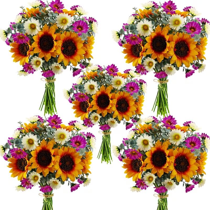 Artificial Sunflower Bouquet for Wedding Bridal Holding Flowers Fake Silk Sunflower with White Small Daisy Flower for Bride Bridesmaid Wedding Party